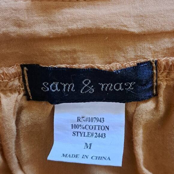 Sam & Max Womens Short Puff Sleeve V neck‎ Blouse Mustard Sz M 100% Cotton - Picture 3 of 3